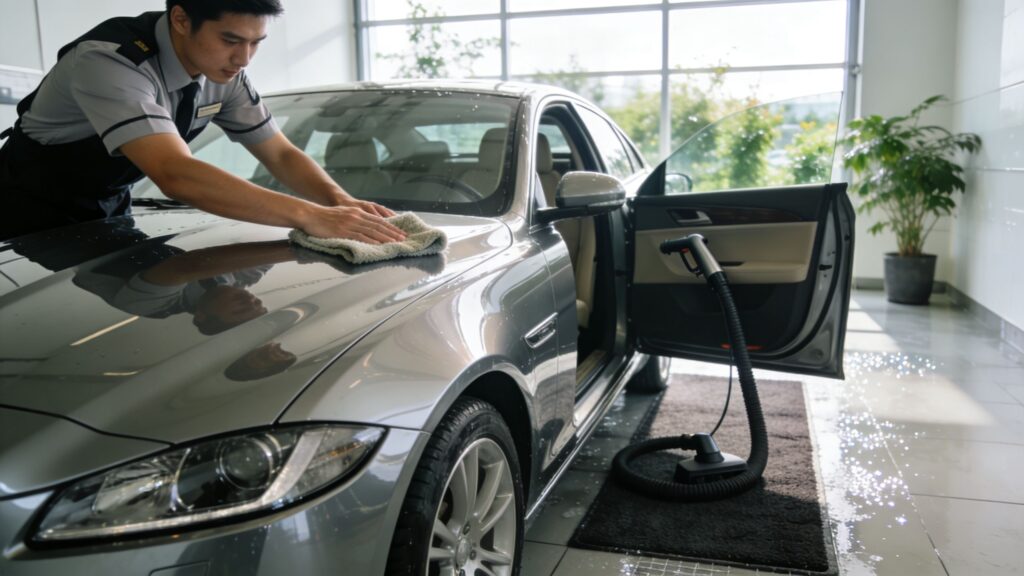 Worker polishing silver sedan inside car wash bay