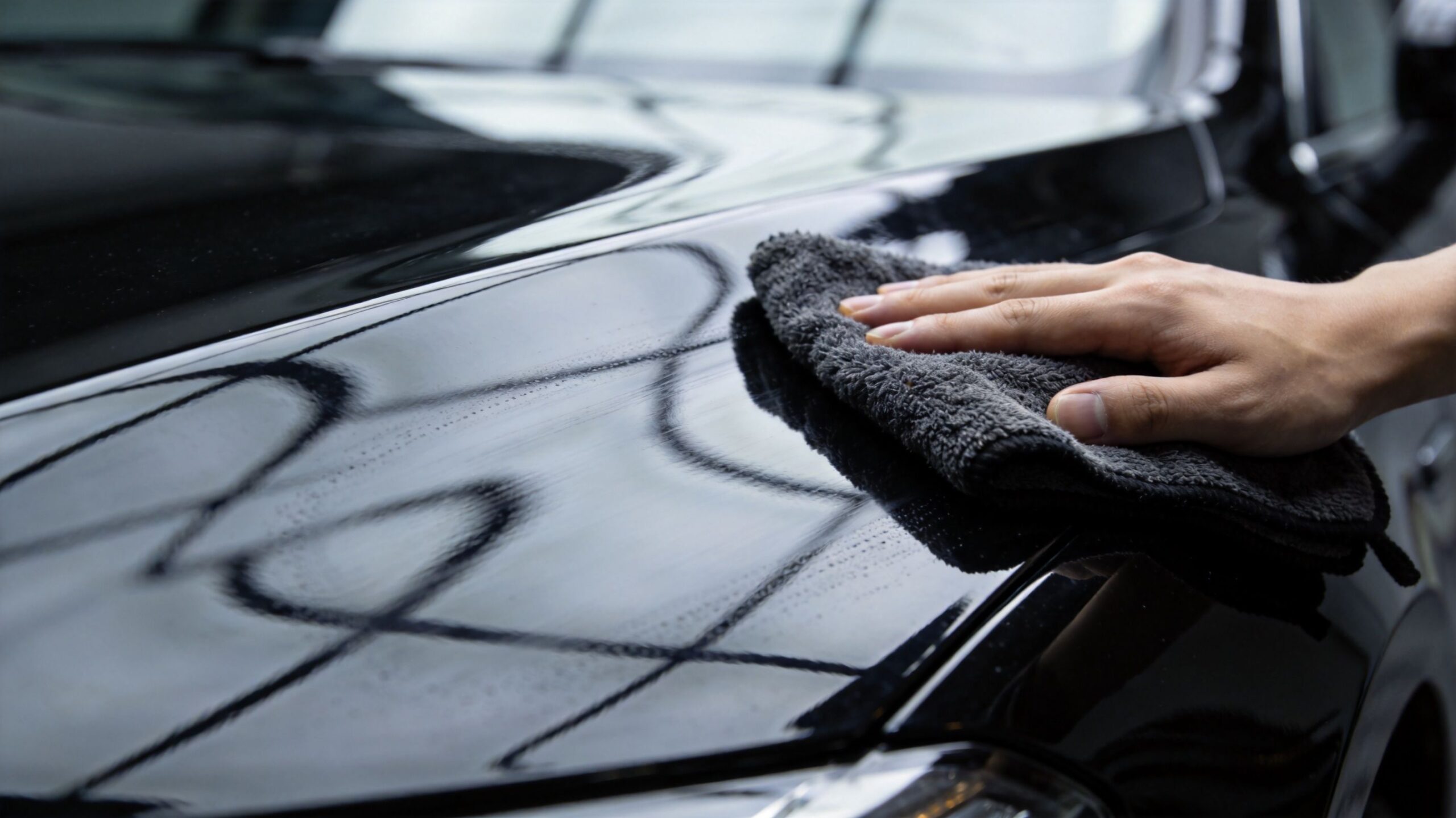A professional hand cleaning and polishing the shiny black hood of a luxury car with microfiber.
