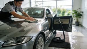Worker polishing silver sedan inside car wash bay