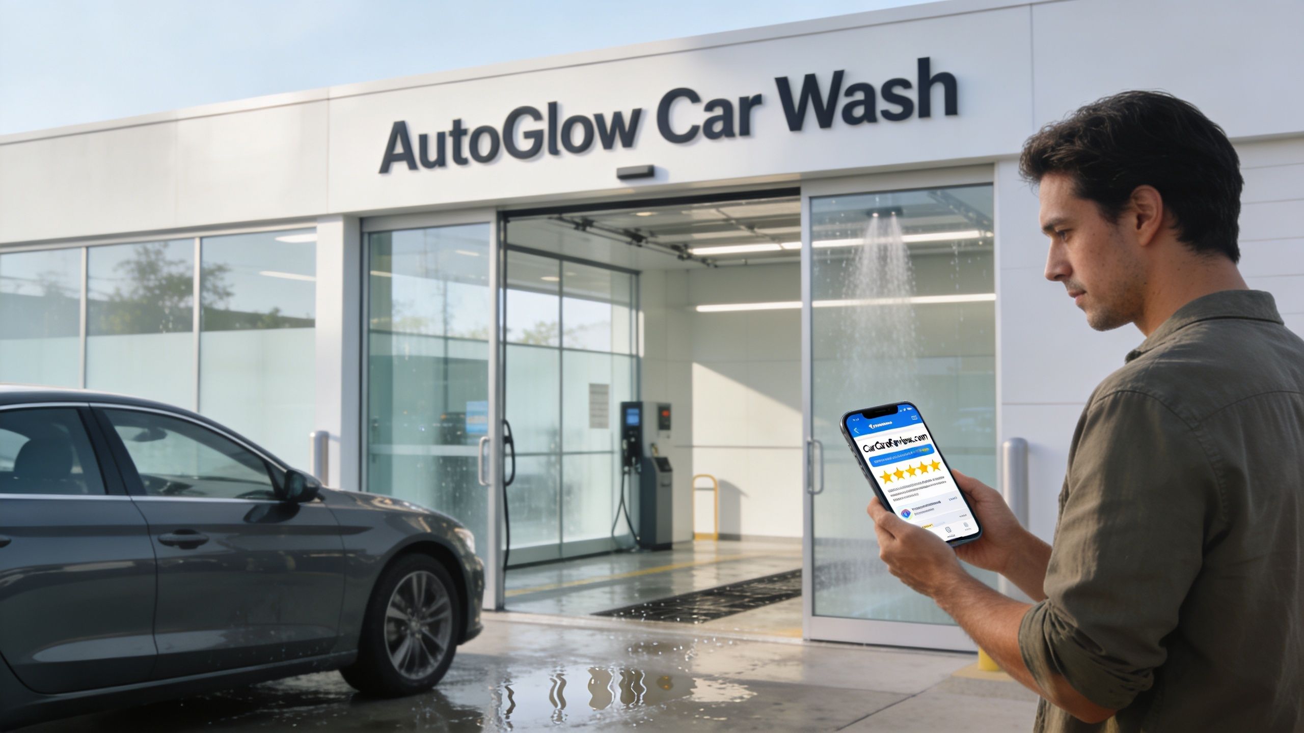 A man holds a smartphone displaying a five-star review page in front of a car wash facility.