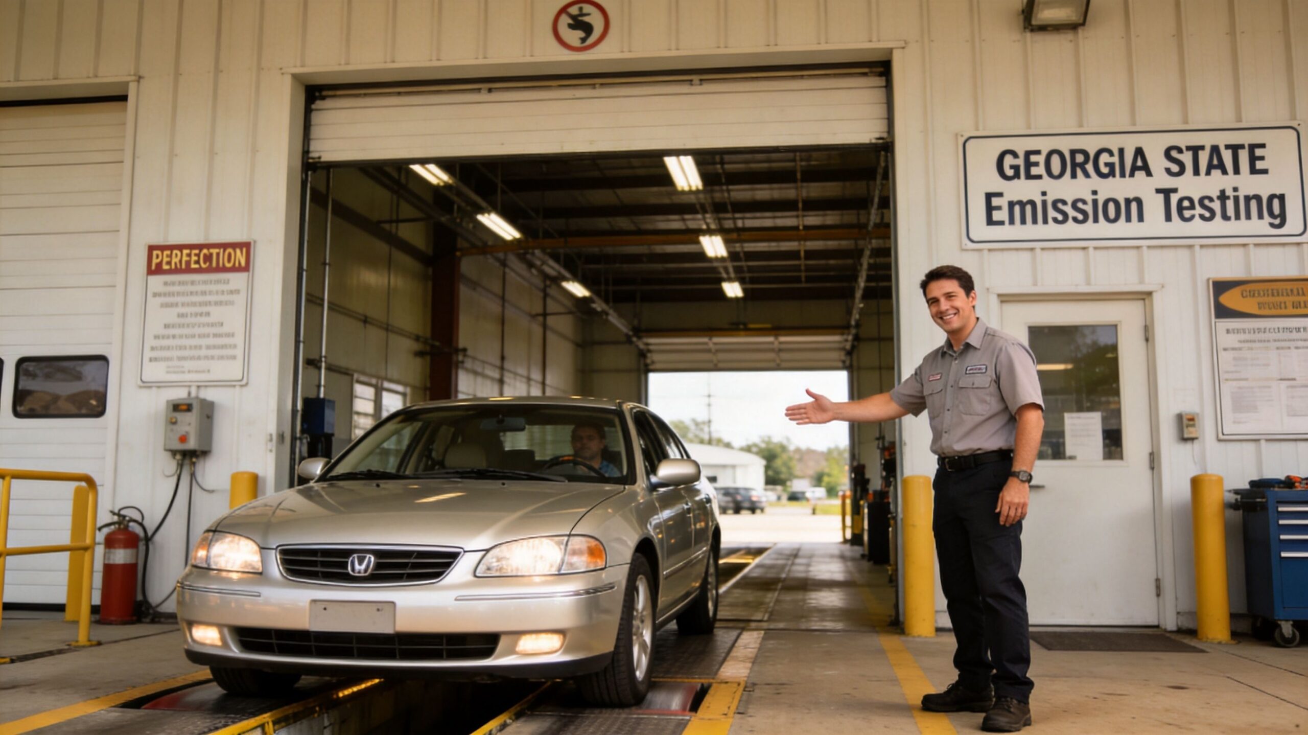 A professional technician stands by a silver car undergoing an emissions test in a testing station.