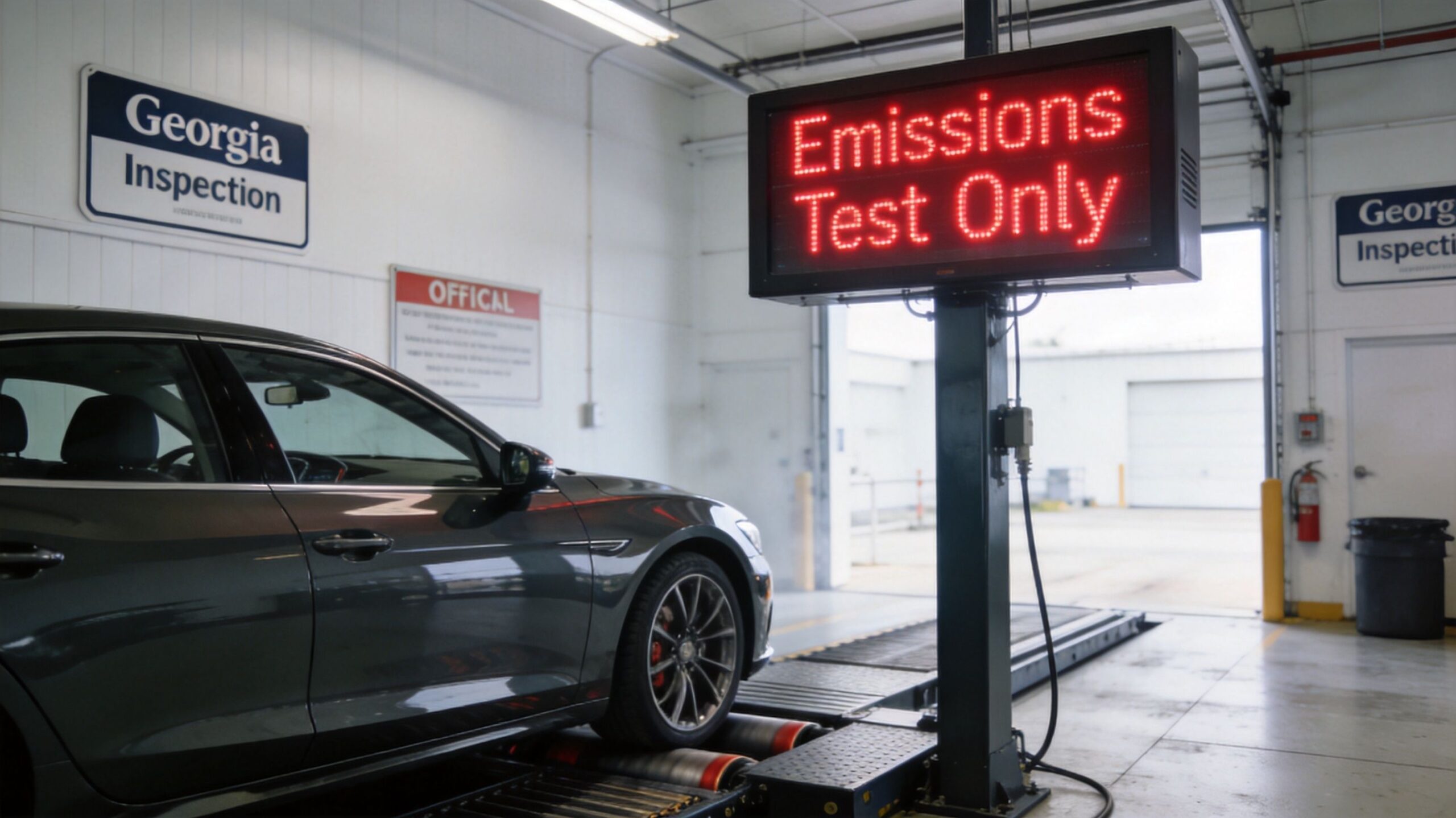 A gray car undergoing an emissions test on a rolling road in a Georgia inspection station.