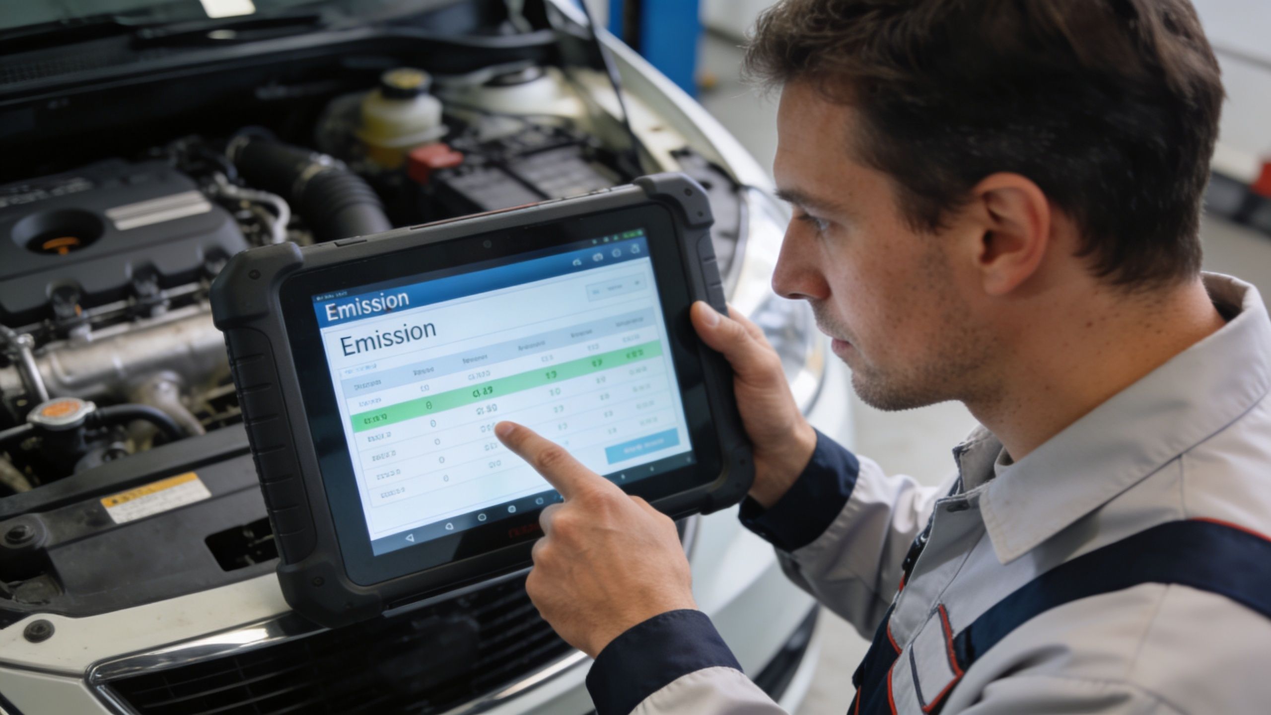 A car mechanic in a workshop uses a digital tablet to check vehicle emission test data results.