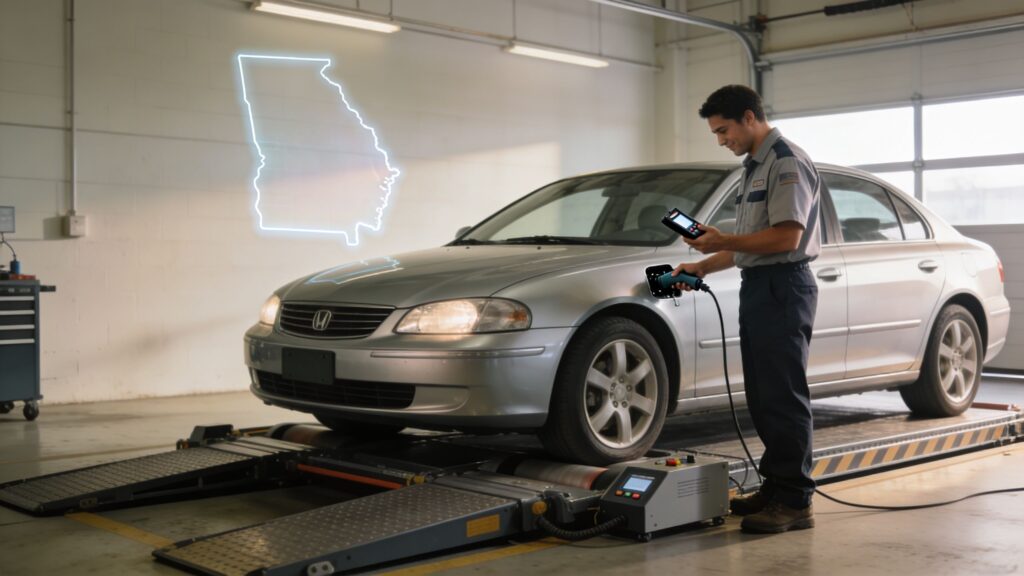 Mechanic charging electric car on dynamometer in garage