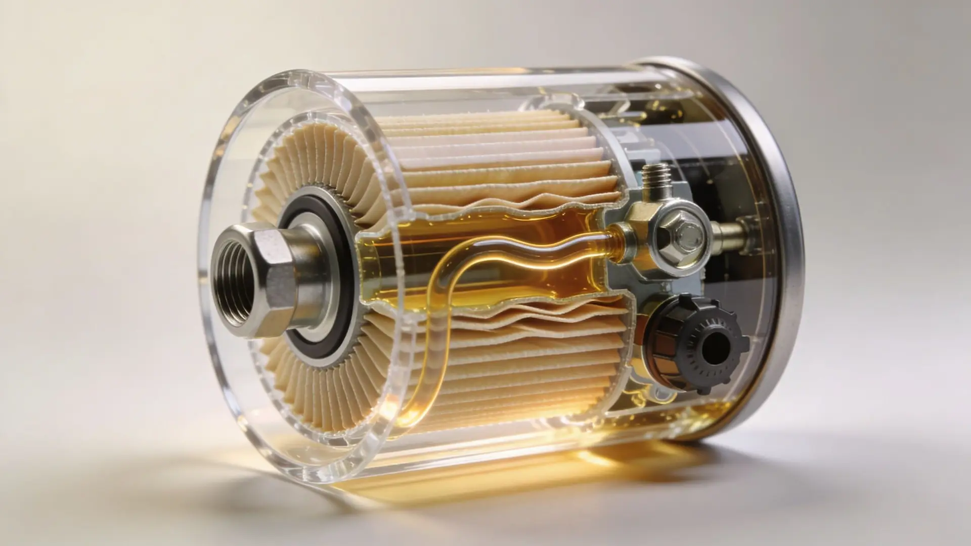 A clear cross-section view of a vehicle oil filter showing internal pleated filter media and fluid flow.