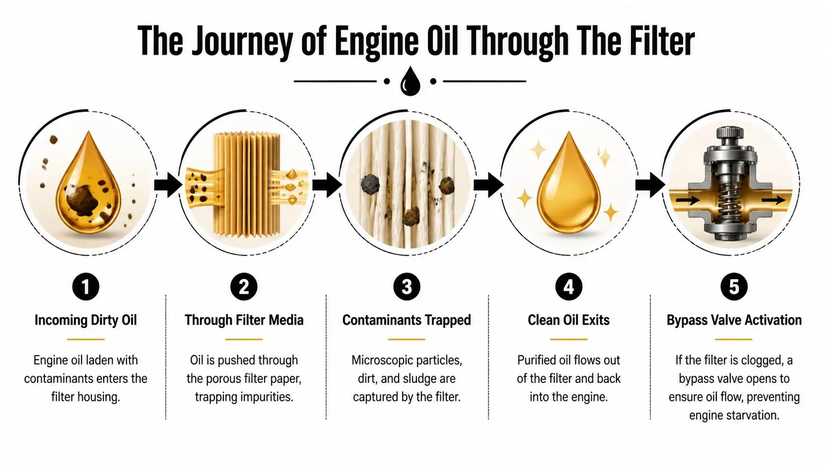 A five-step infographic illustrating how engine oil is purified as it passes through an oil filter.