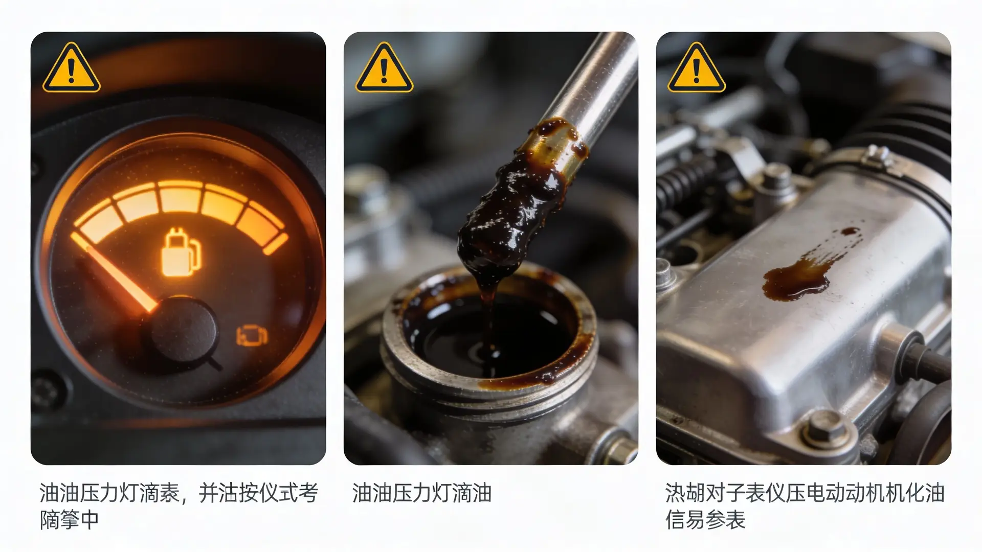 A warning collage showing car engine oil issues including a low pressure gauge and contaminated dirty oil.