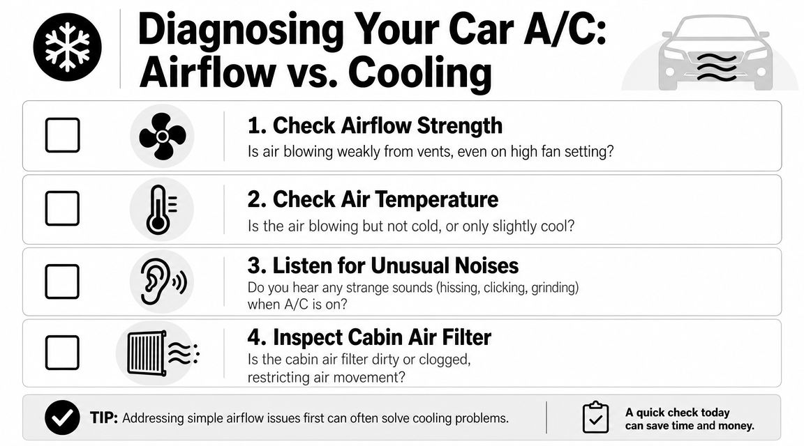 A diagnostic checklist for car air conditioning issues covering airflow, temperature, unusual noises, and cabin air filters.