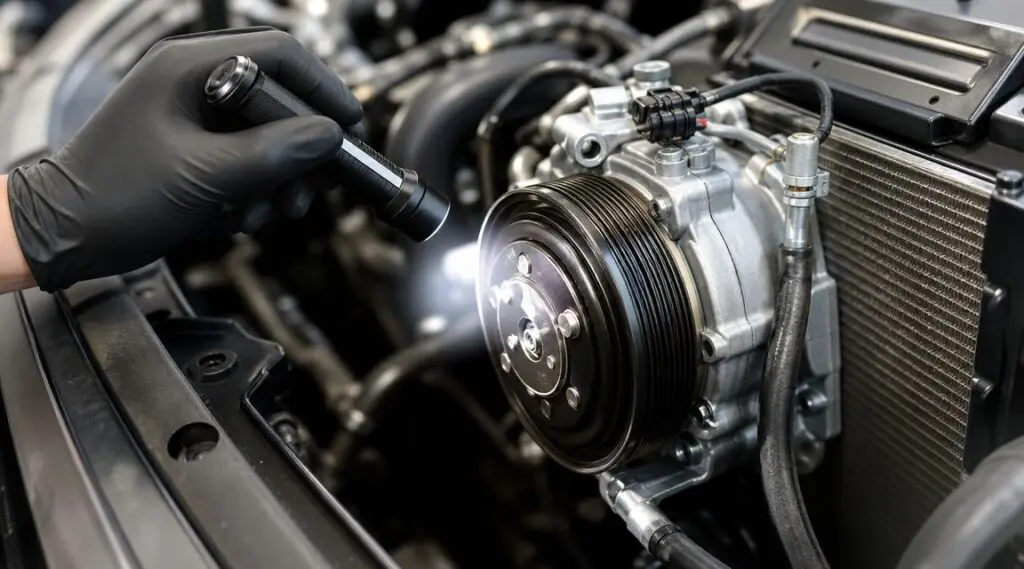 Mechanic inspecting car AC compressor with flashlight