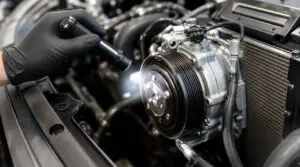Mechanic inspecting car AC compressor with flashlight