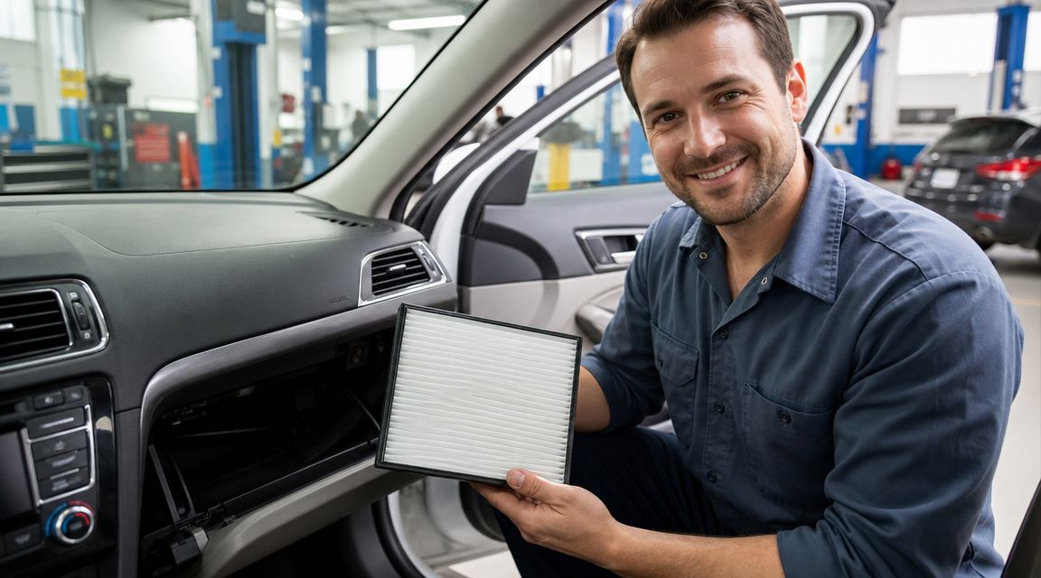 A smiling mechanic in a workshop holds a clean cabin air filter near an open glove compartment.