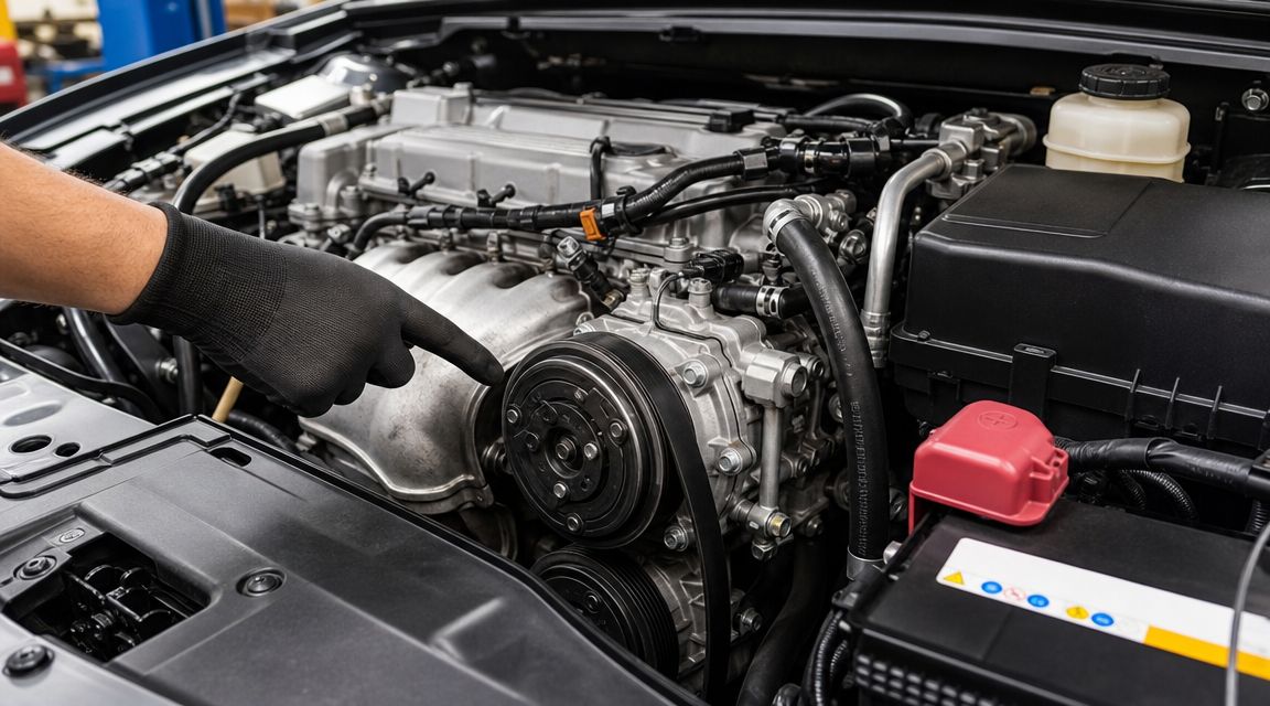 A car mechanic wearing black gloves pointing to the air conditioning compressor inside a car engine bay.