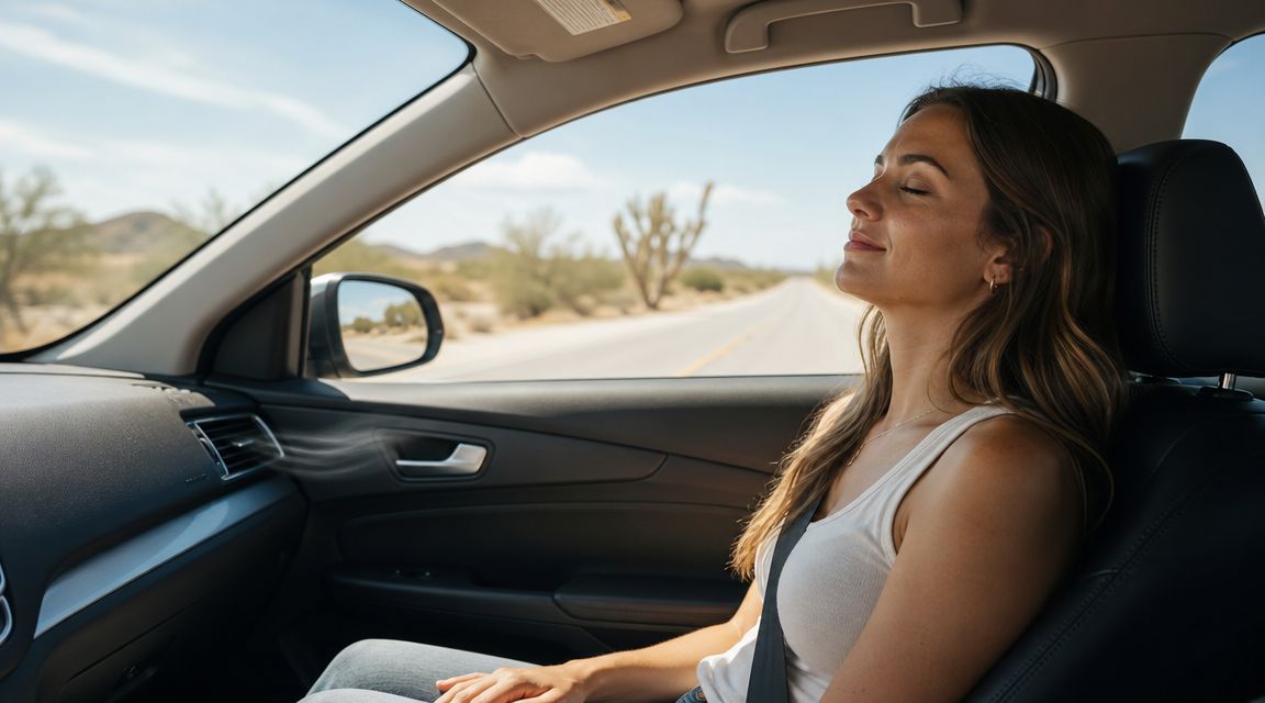 A woman with eyes closed sitting in the passenger seat of a car feeling cool air.