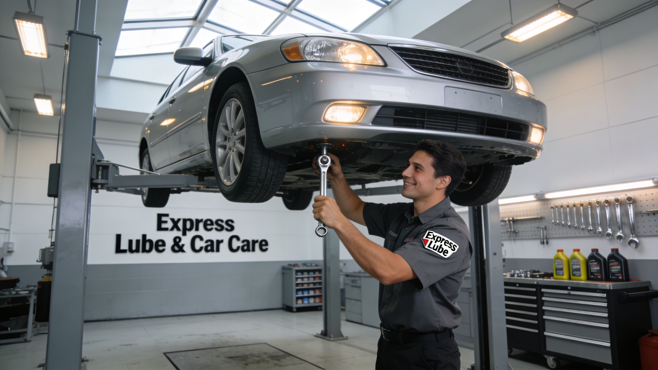 A professional mechanic in a gray uniform changing oil on a car lifted in a repair shop.