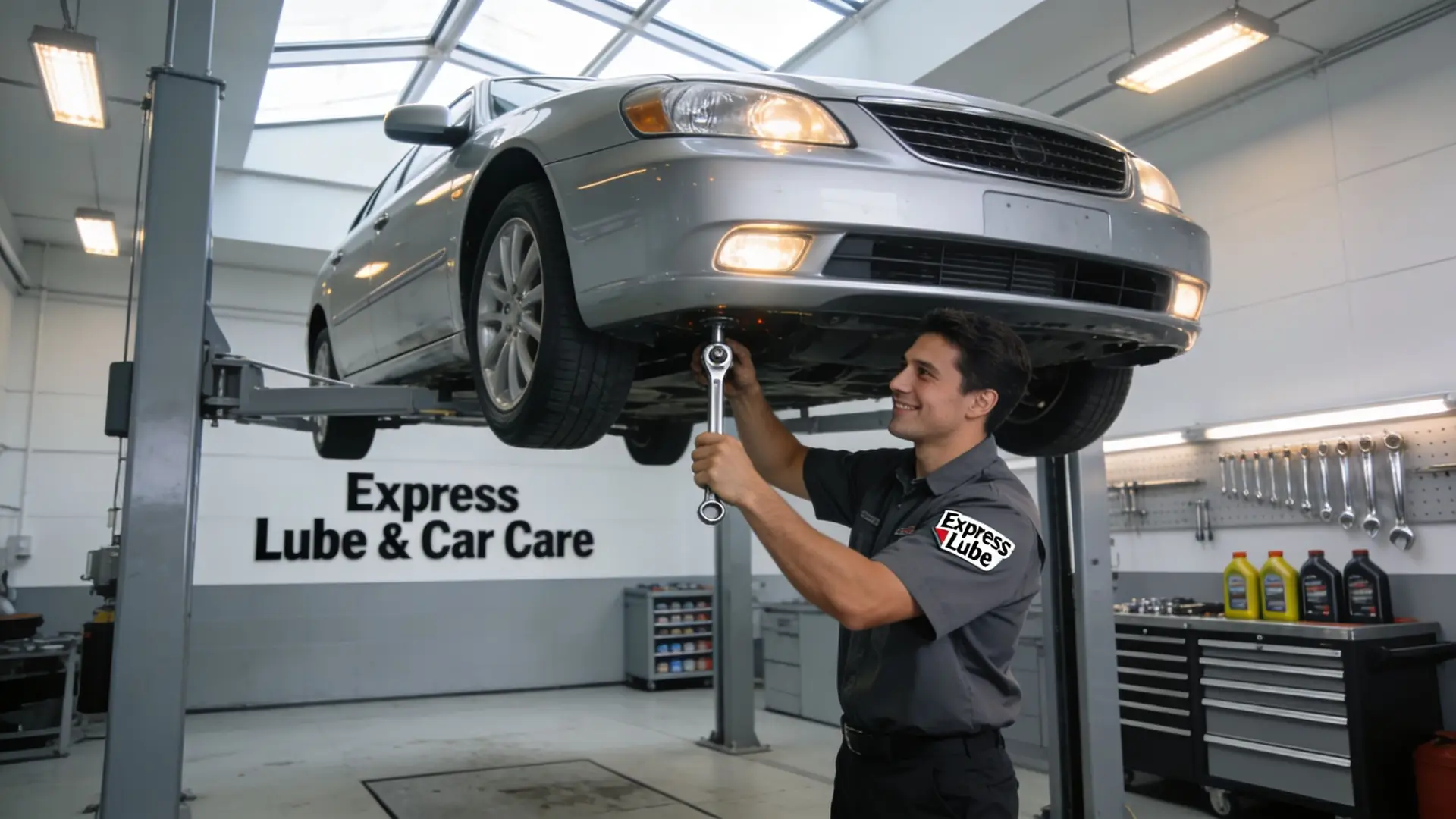 A professional mechanic in a gray uniform changing oil on a car lifted in a repair shop.