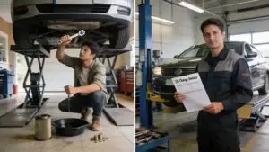 Car oil change in garage with mechanic