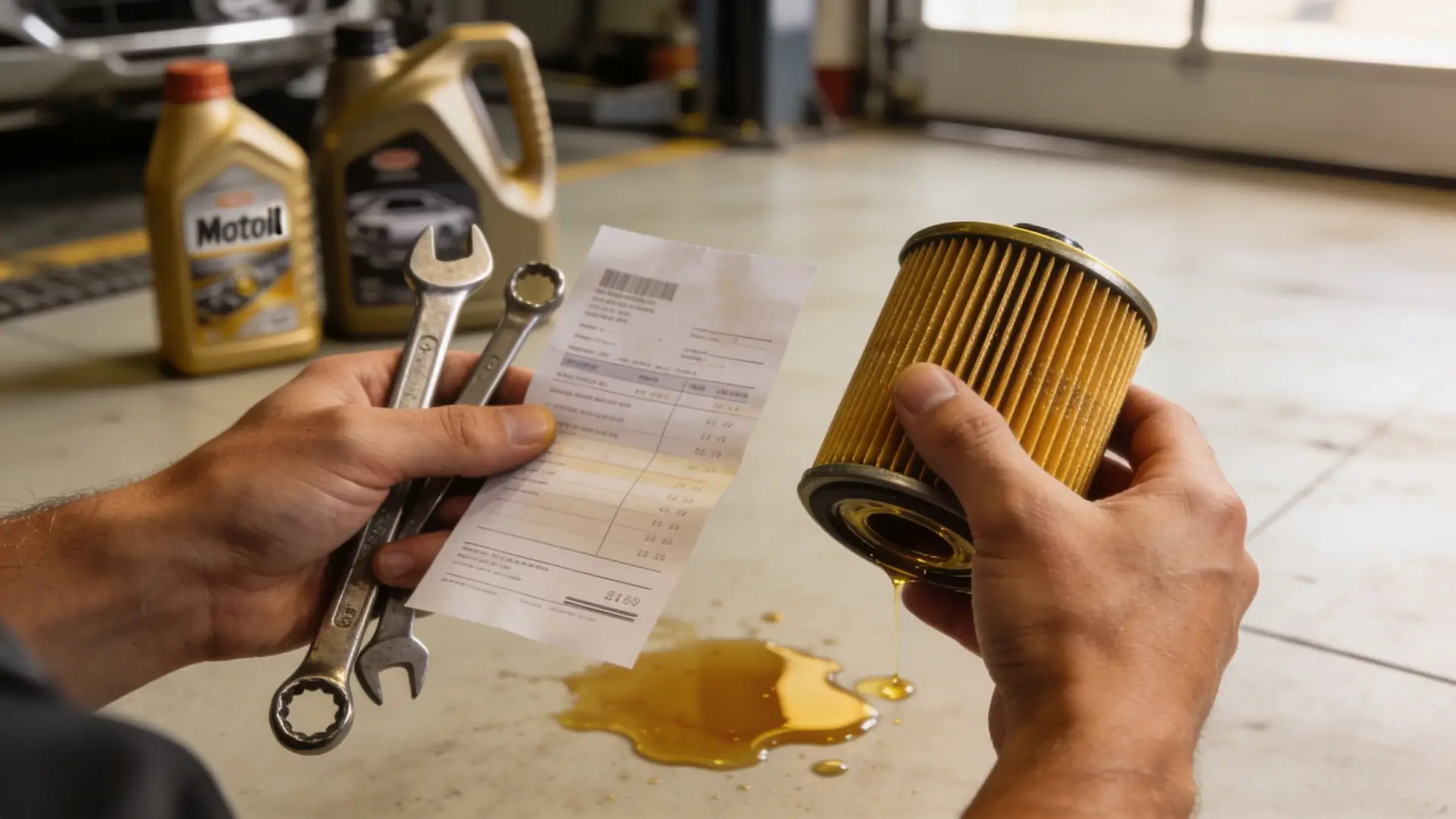 A mechanic holding an oil filter and an invoice, with tools and motor oil nearby.