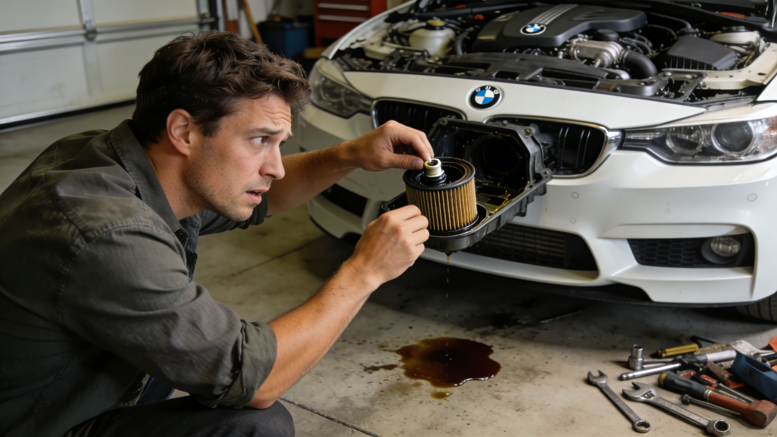 A focused man repairs a white BMW car in a garage with engine oil leaking onto the floor.