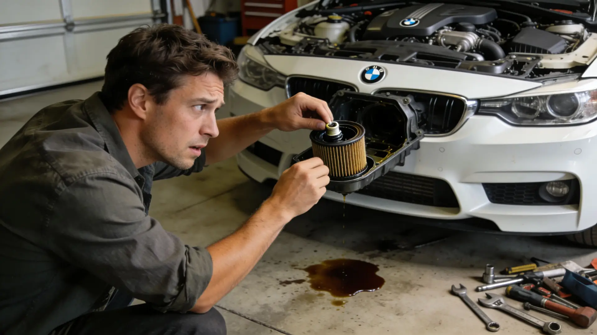 A focused man repairs a white BMW car in a garage with engine oil leaking onto the floor.