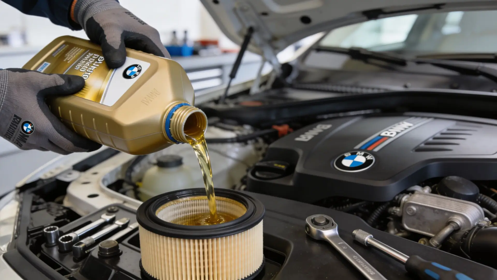 A mechanic wearing gloves pouring oil into an open car engine component during a vehicle maintenance service.