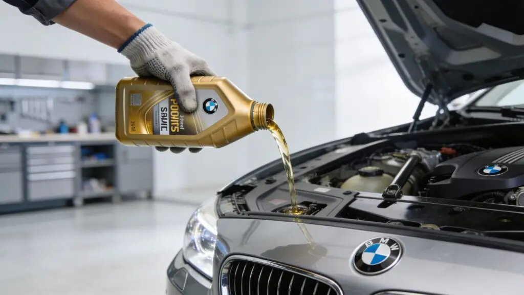 Pouring motor oil into BMW engine bay