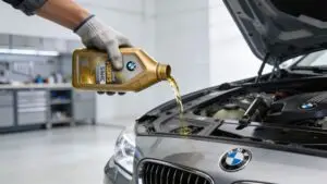 Pouring motor oil into BMW engine bay