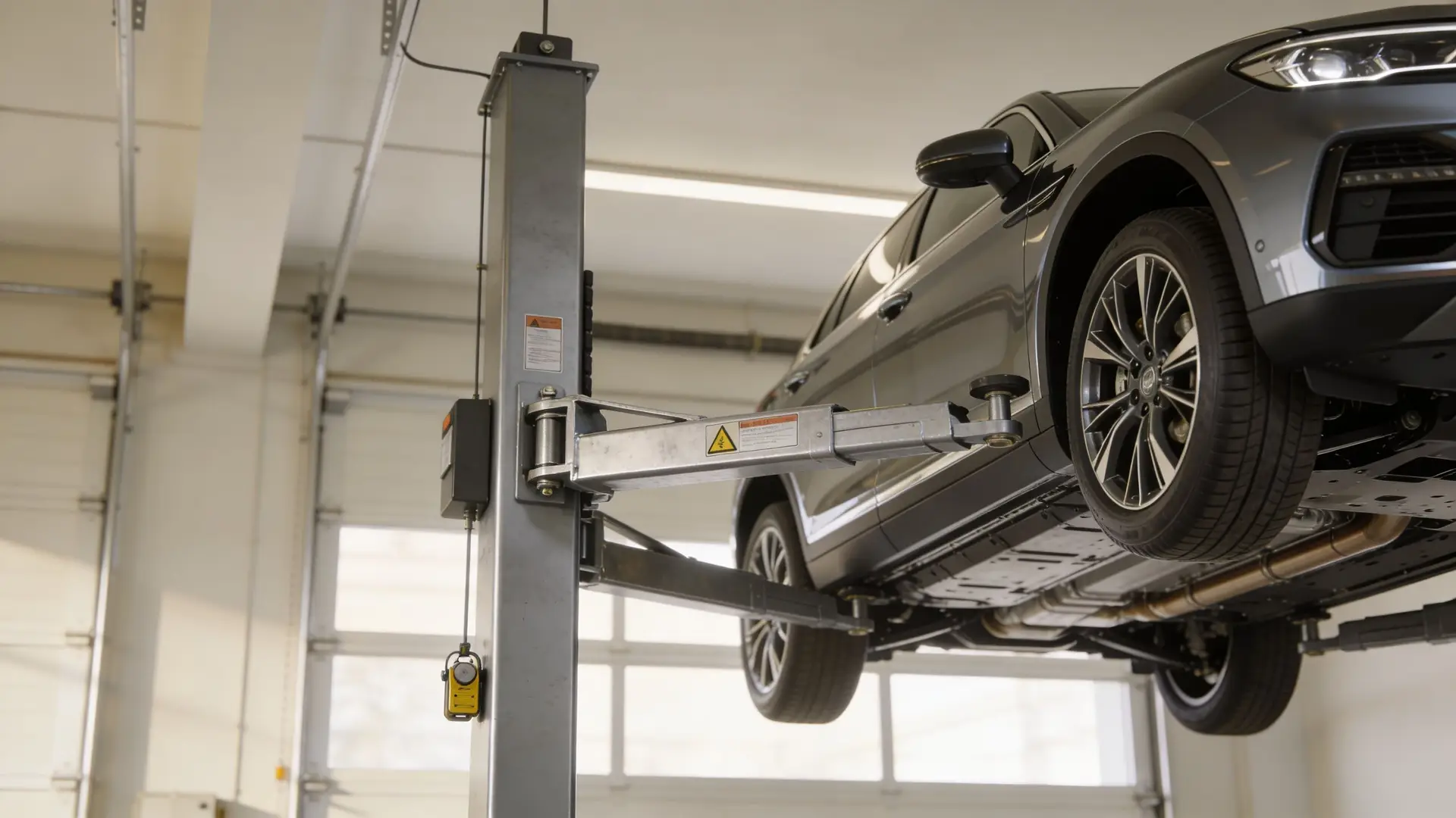 A gray vehicle raised on a hydraulic car lift in a bright and professional automotive repair workshop.