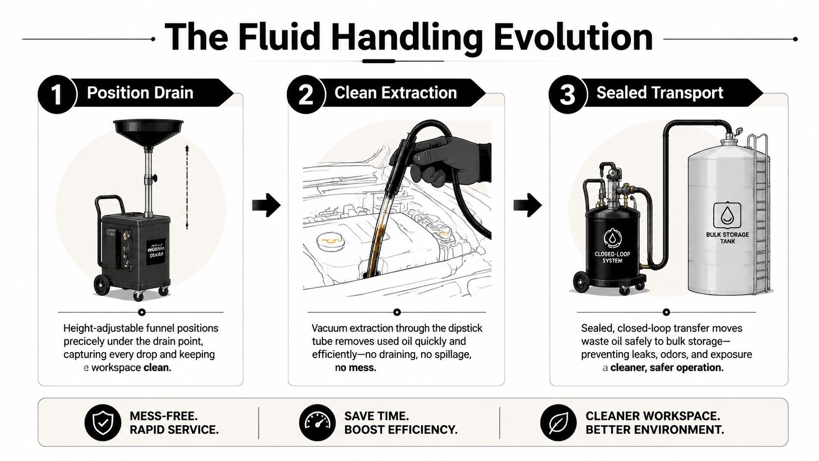 A three-step infographic showing the evolution of professional fluid handling equipment for clean automotive oil changes.