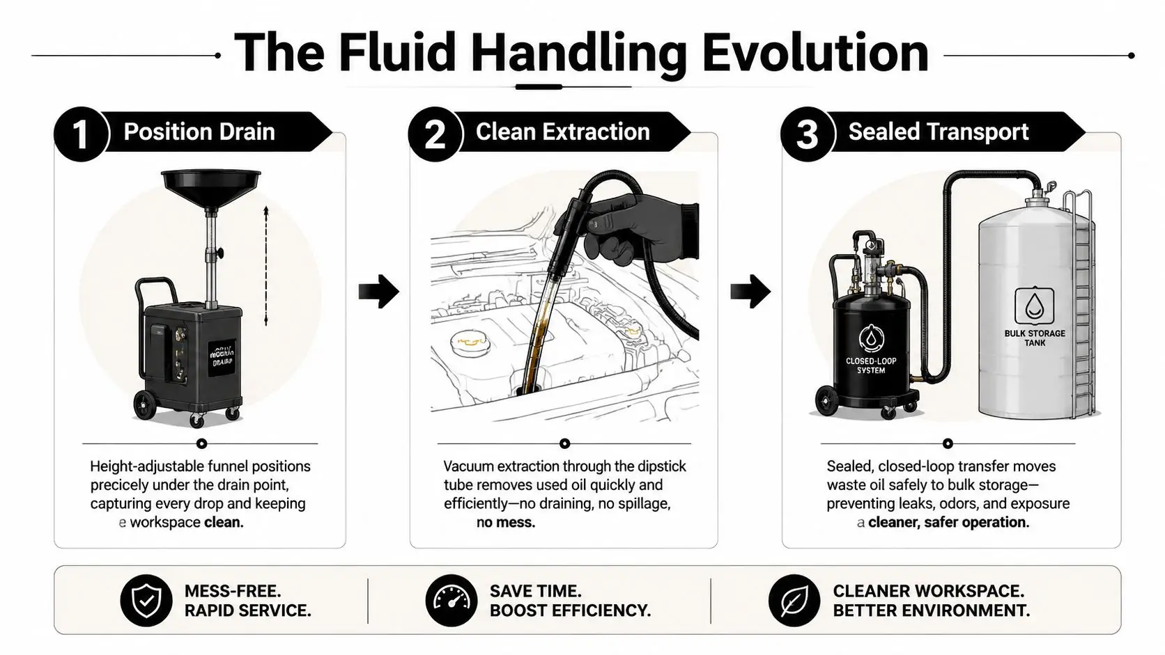 A three-step infographic showing the evolution of professional fluid handling equipment for clean automotive oil changes.