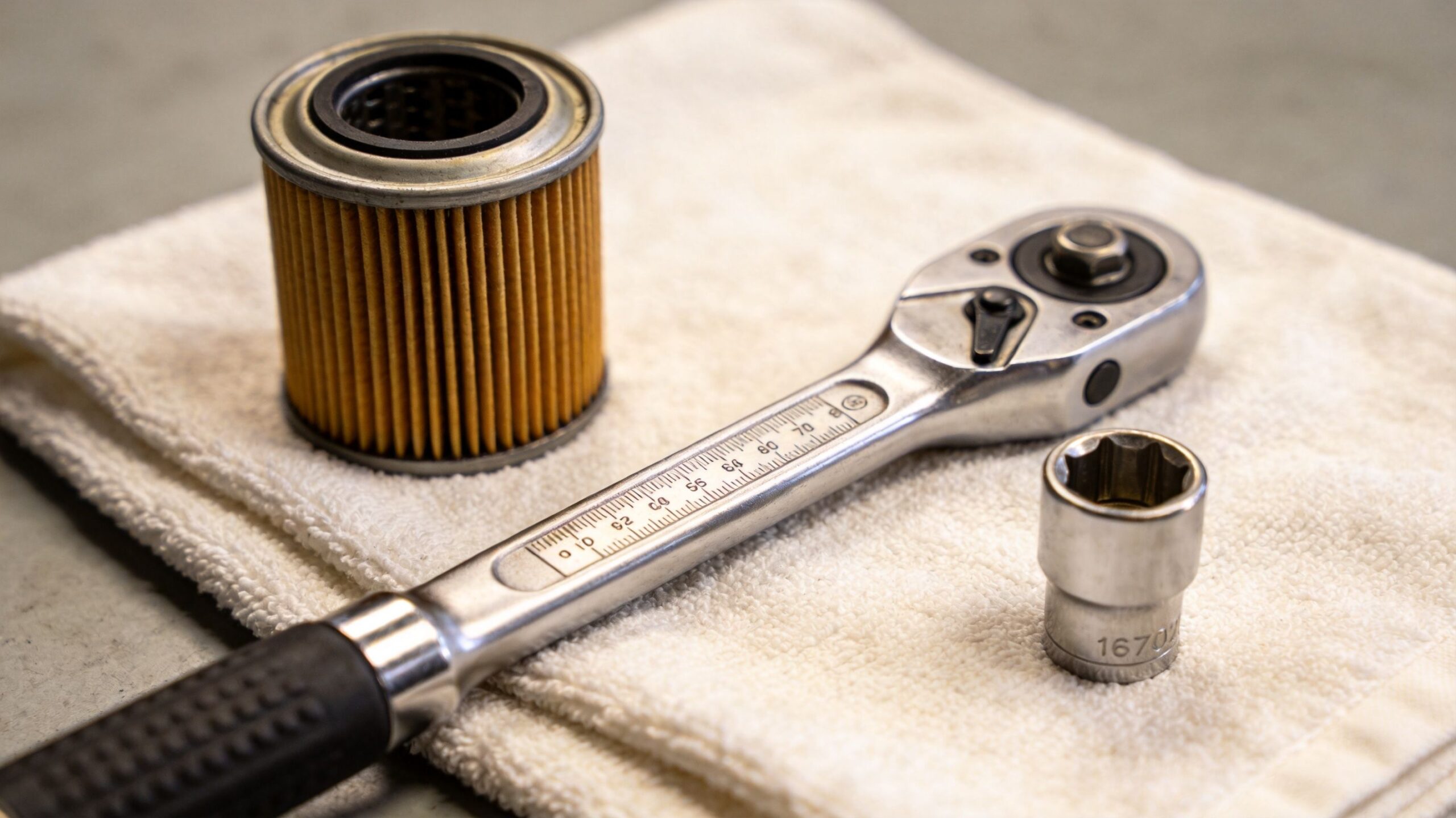 A close-up of automotive oil change equipment including a filter, a torque wrench, and a socket.