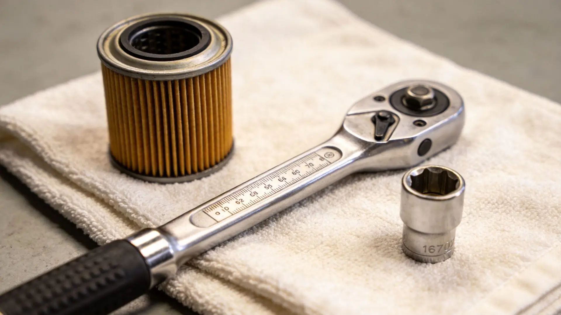 A close-up of automotive oil change equipment including a filter, a torque wrench, and a socket.