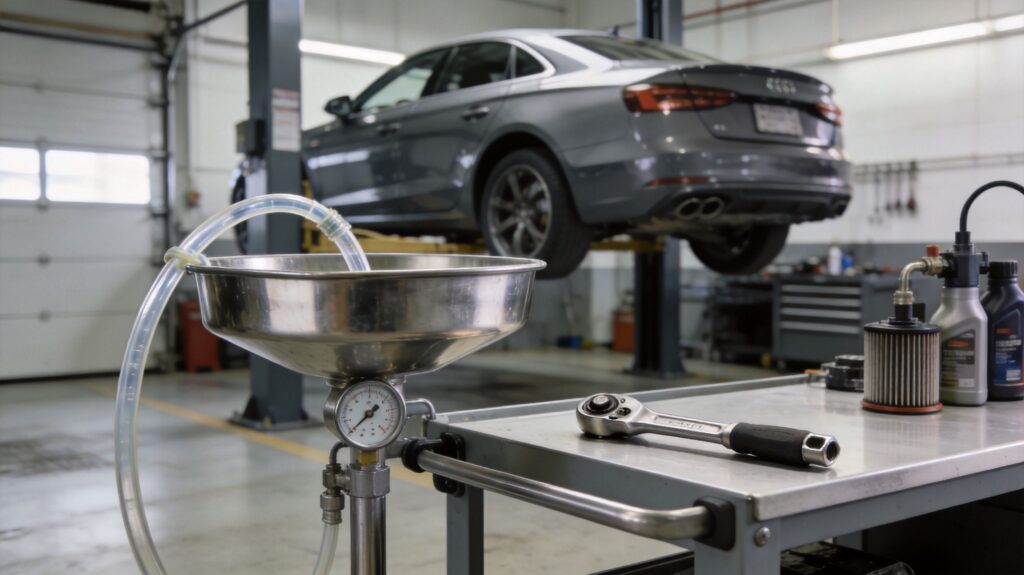 Car on lift in auto repair shop