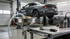Car on lift in auto repair shop