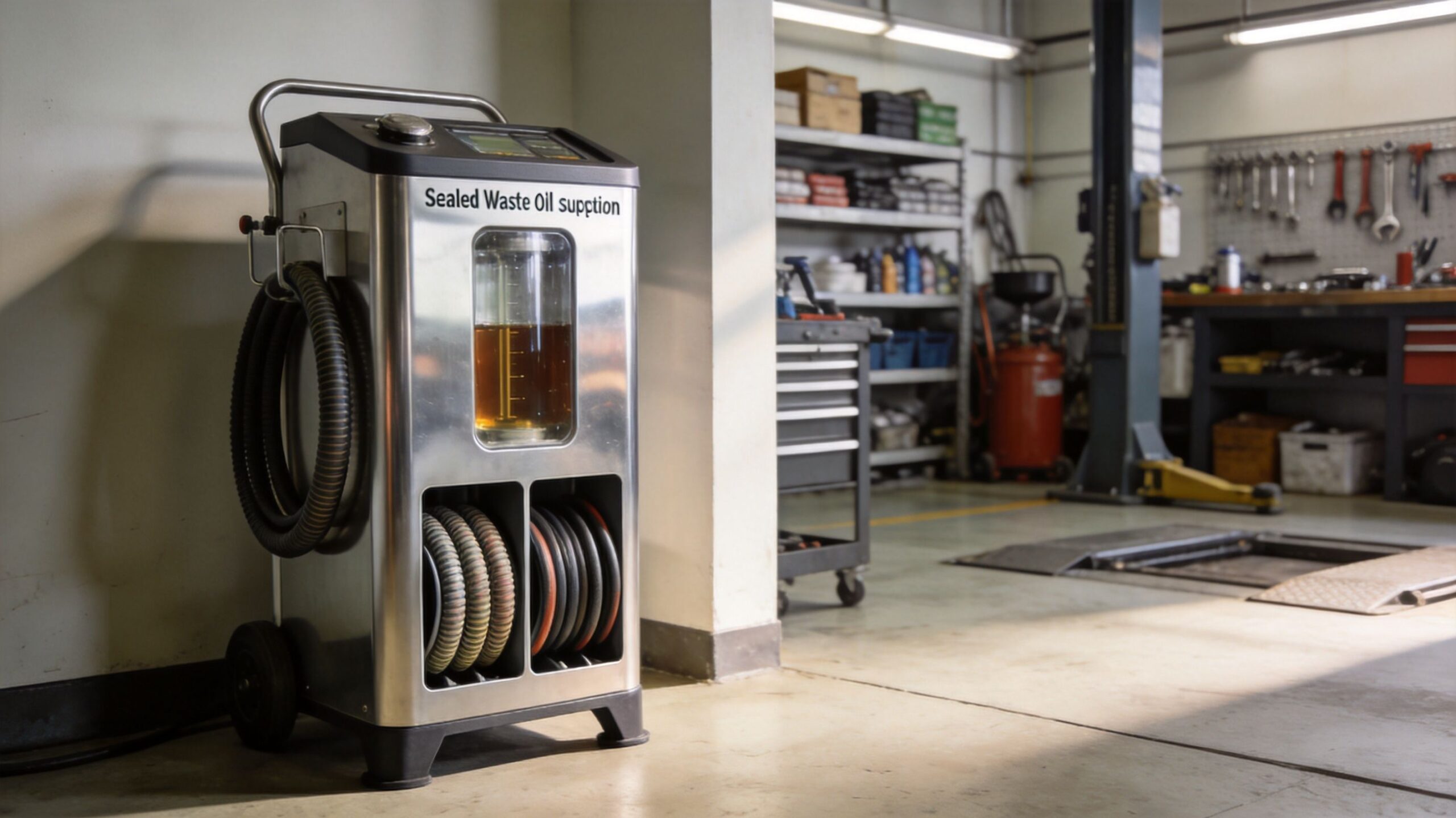 A professional stainless steel mobile waste oil suction unit standing in an organized auto repair workshop environment.