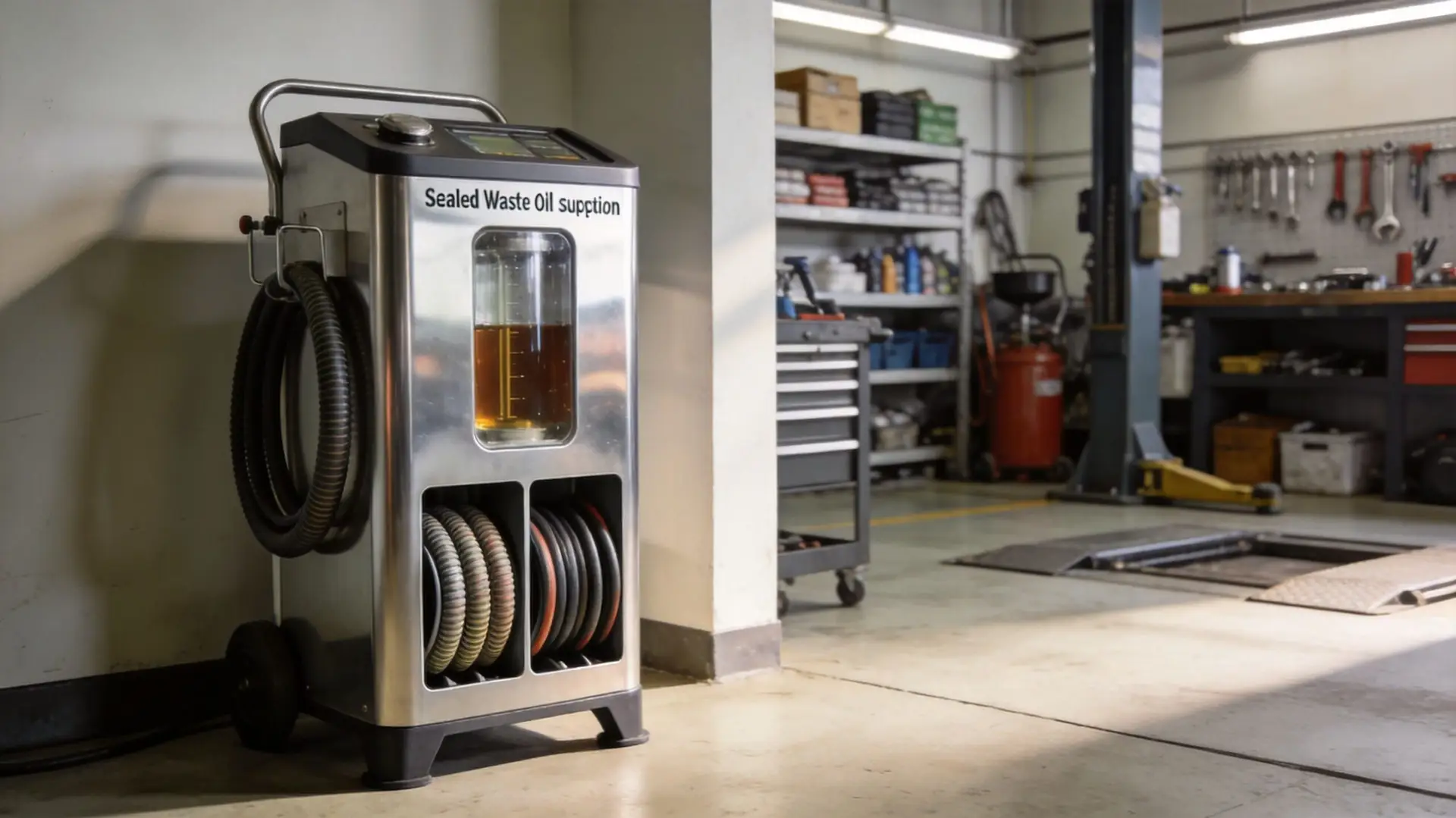 A professional stainless steel mobile waste oil suction unit standing in an organized auto repair workshop environment.