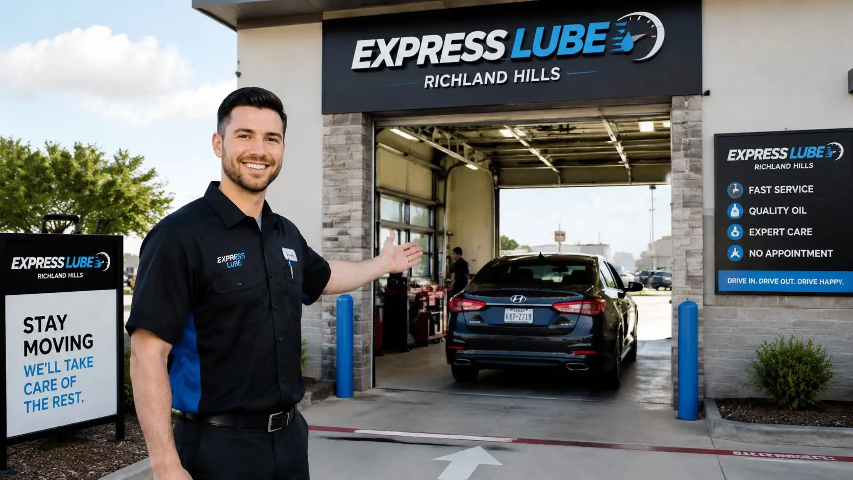 A friendly male technician stands in front of the Express Lube auto shop welcoming a customer's vehicle.