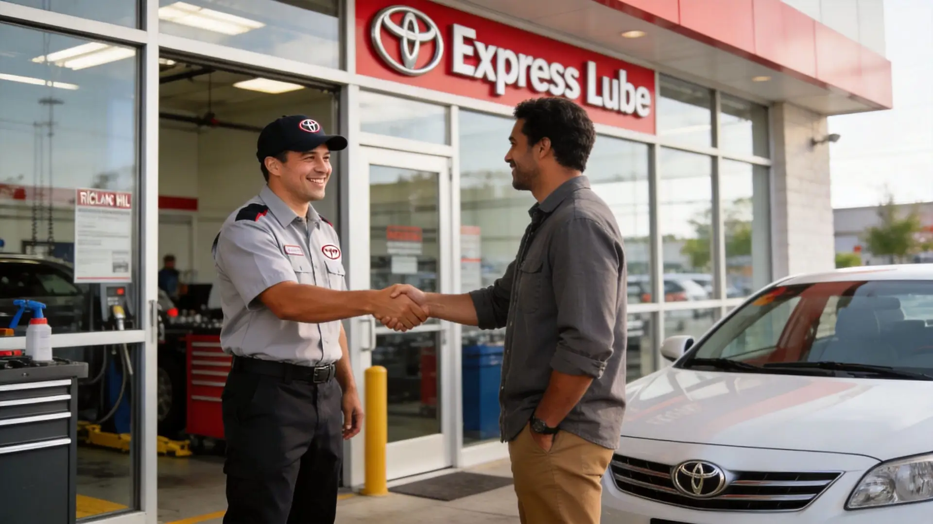 A friendly Toyota technician shakes hands with a customer outside an Express Lube automotive service center.