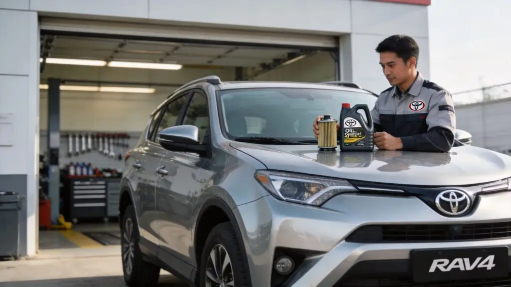 Mechanic with oil and filter by Toyota RAV4