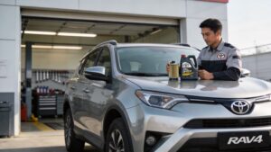 Mechanic with oil and filter by Toyota RAV4