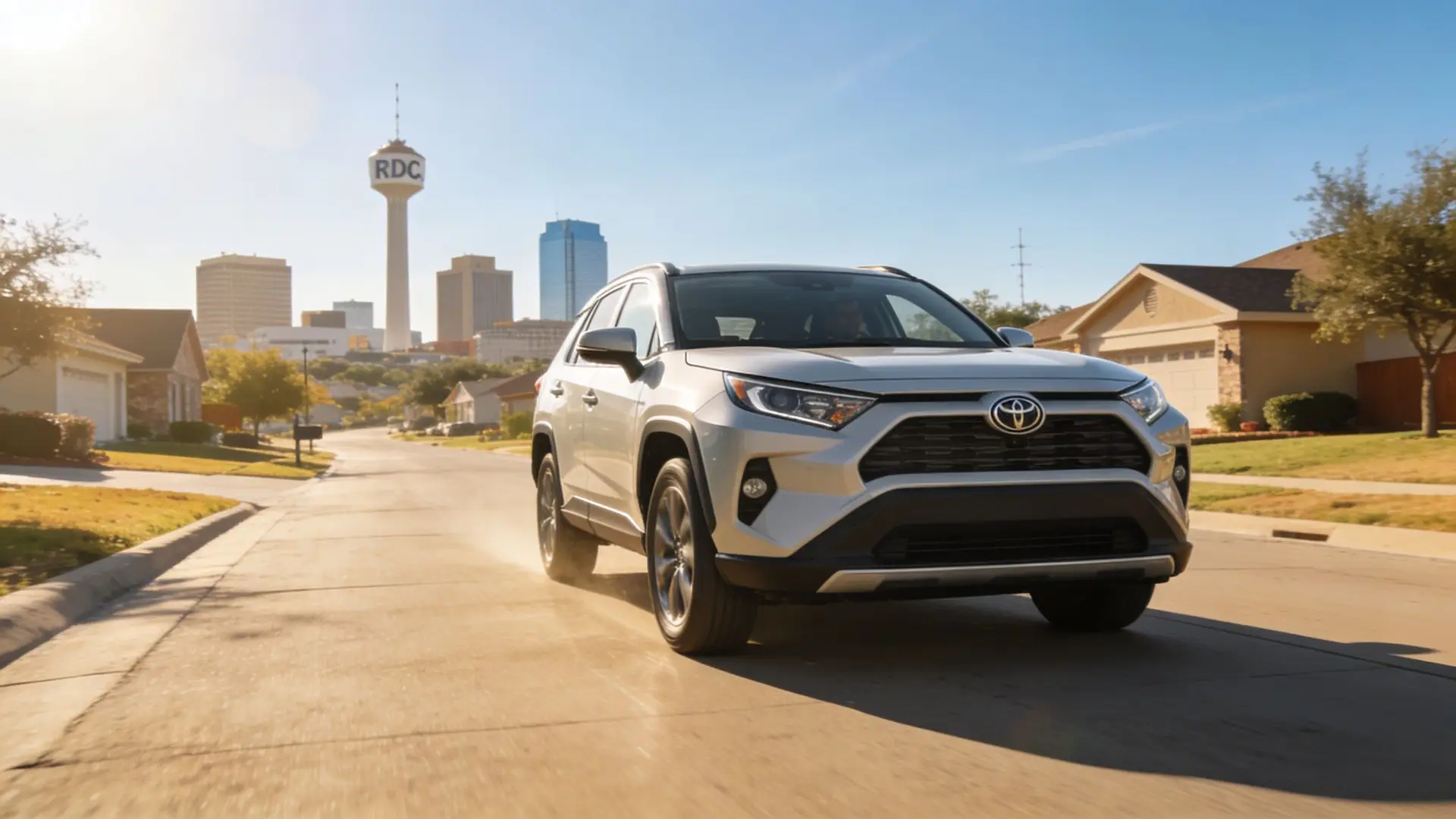 A silver Toyota RAV4 SUV driving on a sunny residential street with a city skyline in background.