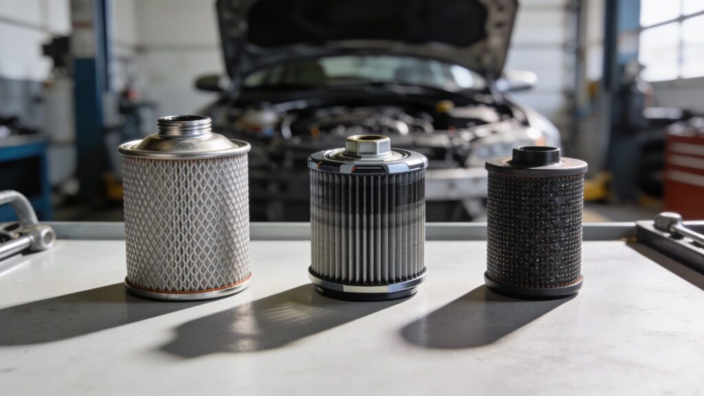 Three car oil filters on workbench in garage