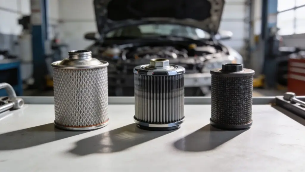 Three car oil filters on workbench in garage