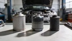 Three car oil filters on workbench in garage