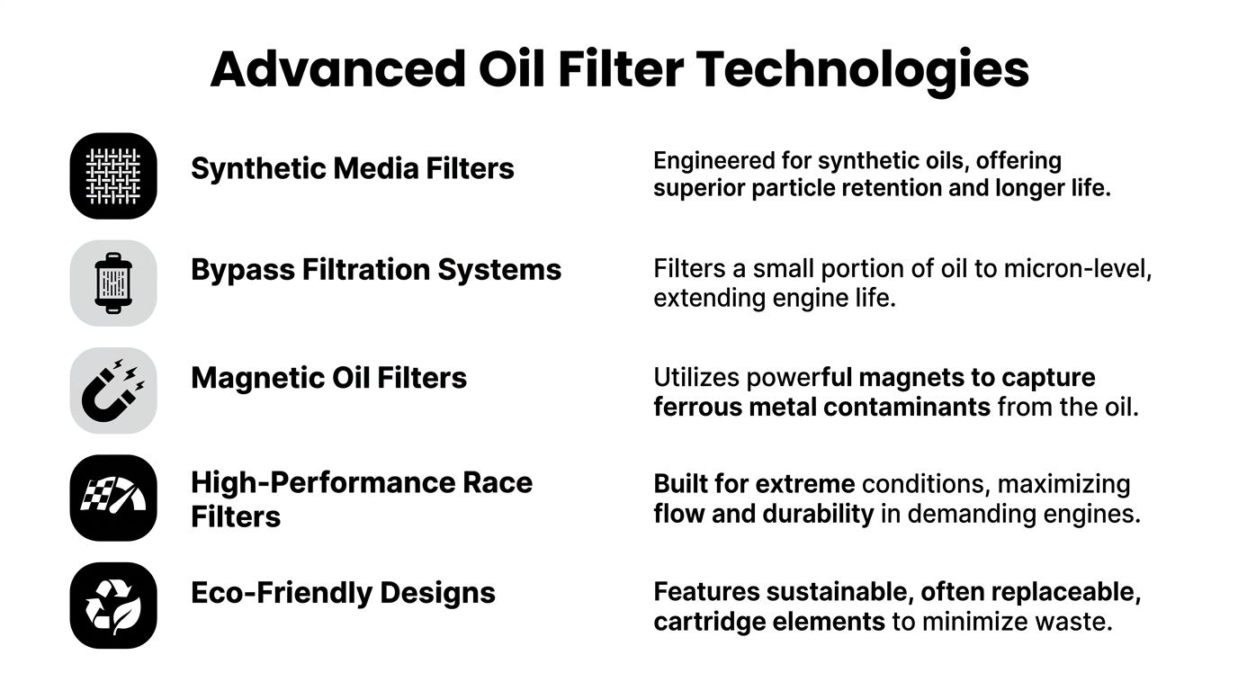 A list of advanced oil filter technologies including synthetic media, bypass filtration, and eco-friendly designs.