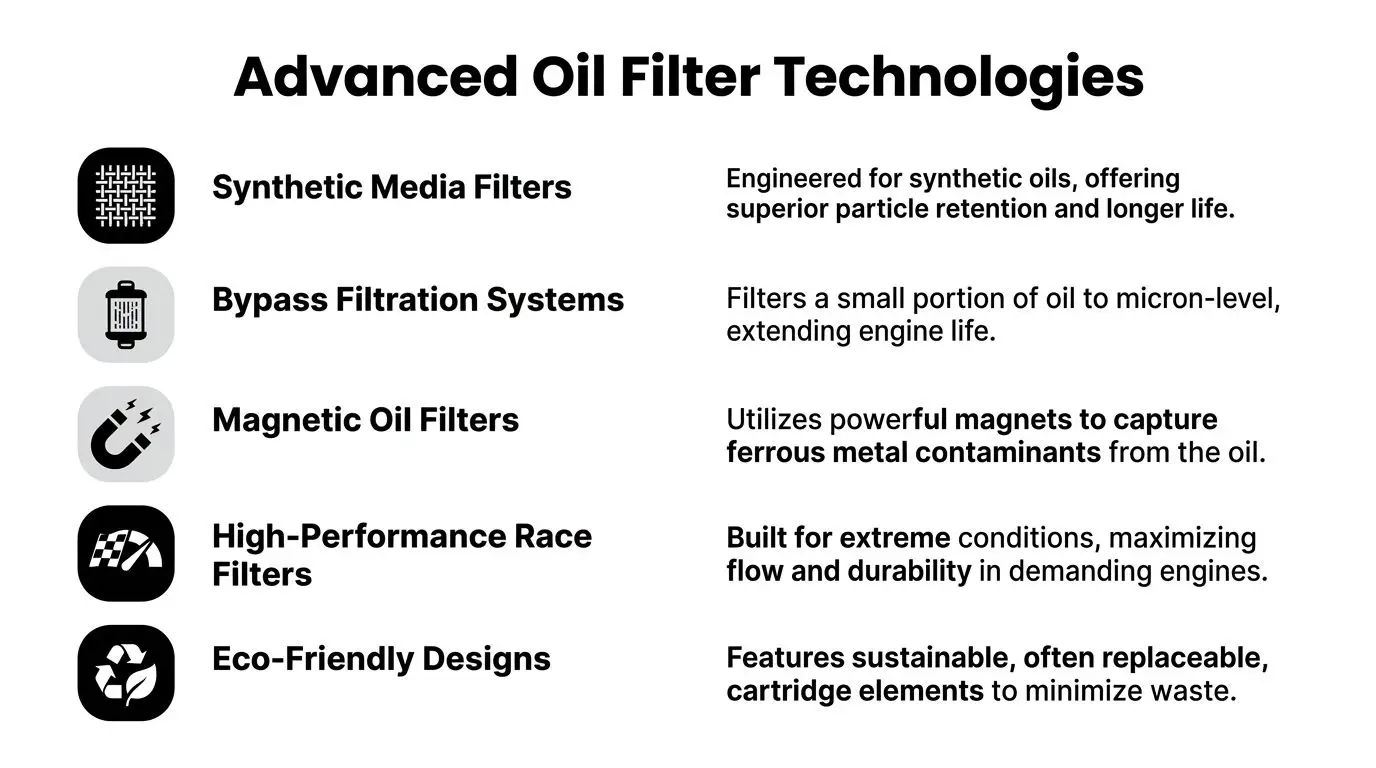 A list of advanced oil filter technologies including synthetic media, bypass filtration, and eco-friendly designs.
