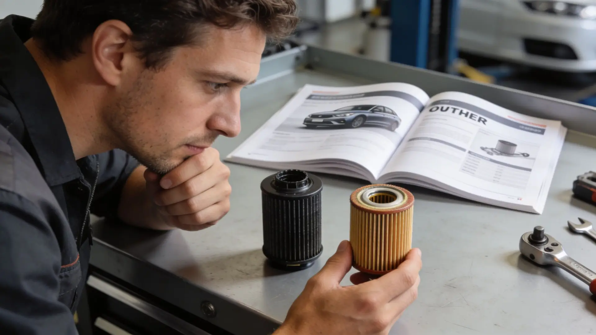A professional mechanic comparing a dirty used oil filter with a clean new one in a workshop.