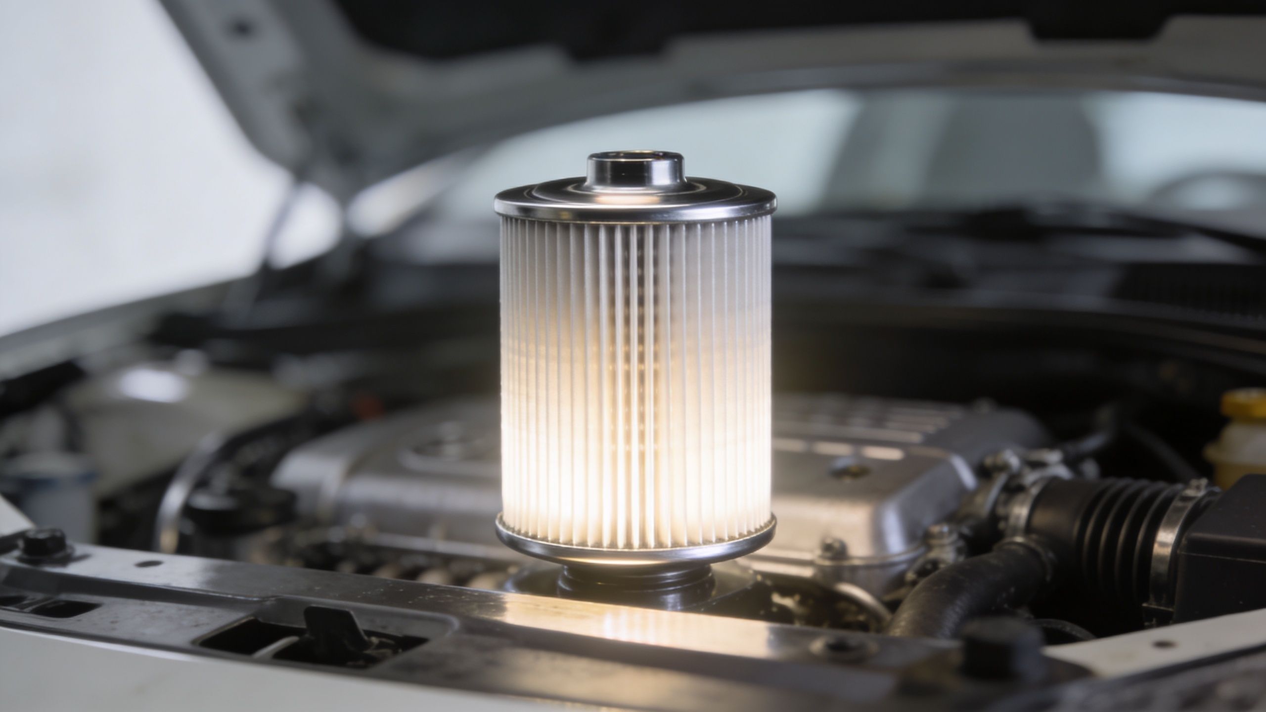A clean, cylindrical replacement engine oil filter element placed centrally in front of an open car hood.