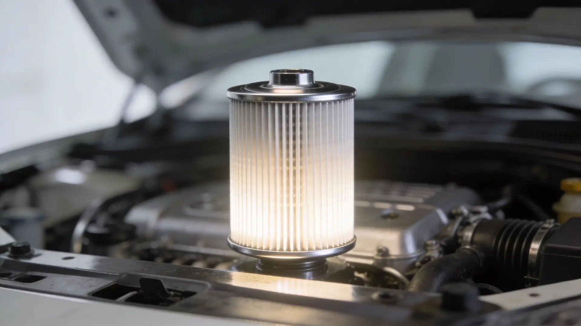 A clean, cylindrical replacement engine oil filter element placed centrally in front of an open car hood.