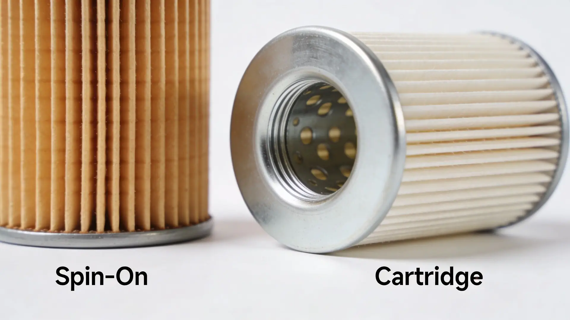 A side by side comparison showing a tan spin-on oil filter and a white cartridge oil filter.