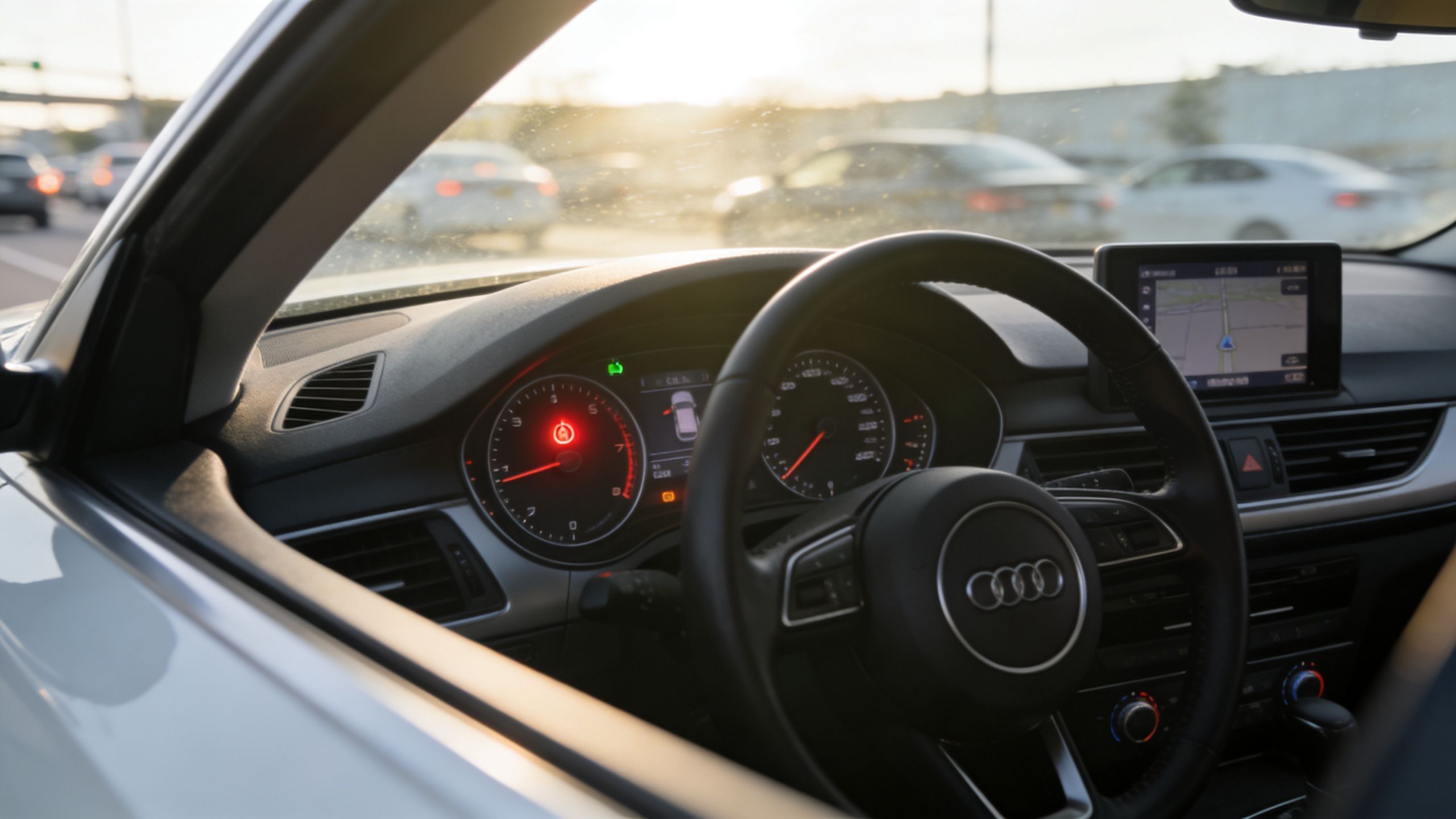 A view from the driver's seat of an Audi car during sunset while driving on the highway.